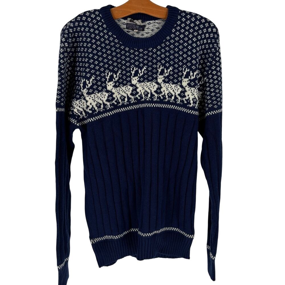 Vintage 80s Navy Blue Nordic Fair Isle Reindeer Knit Crewneck Sweater, Mens Sz L